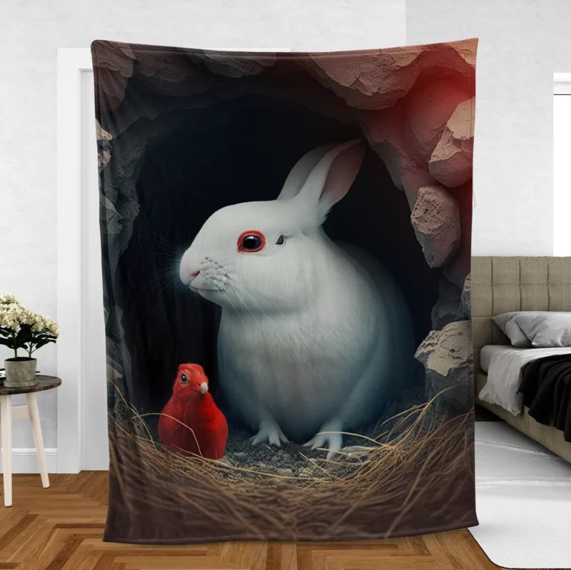 Red Bird and White Rabbit Fleece Blanket