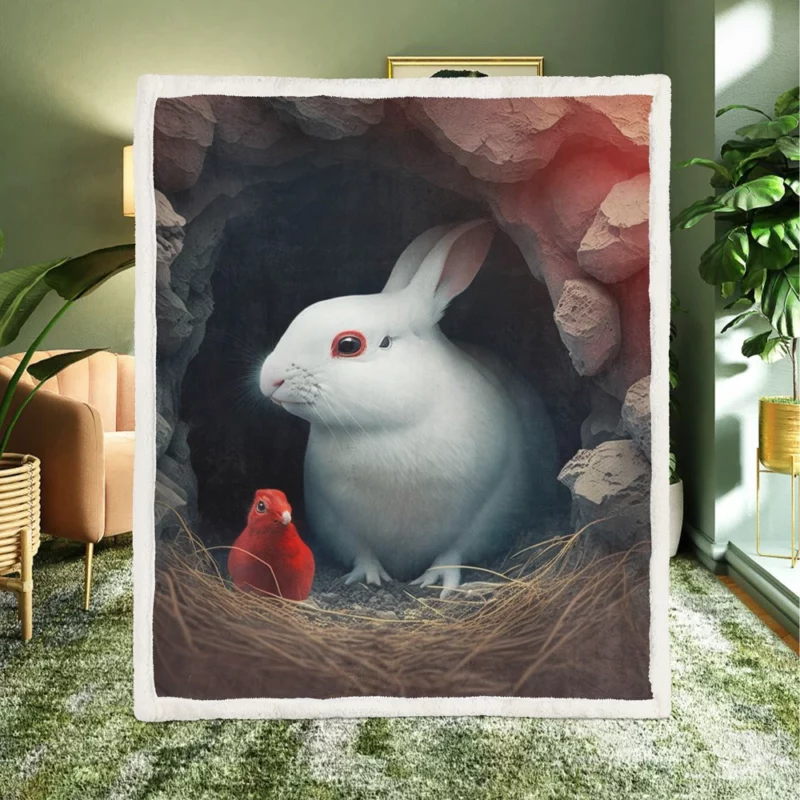 Red Bird and White Rabbit Sherpa Fleece Blanket