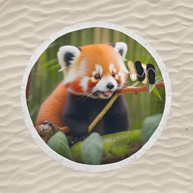 Red Panda Feasting in the Bamboo Forest Round Beach Towel