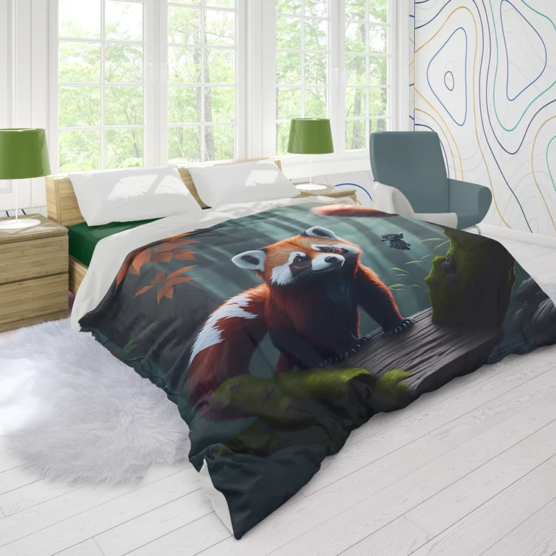 Red Pandas Forest Oasis with Waterfall Duvet Cover