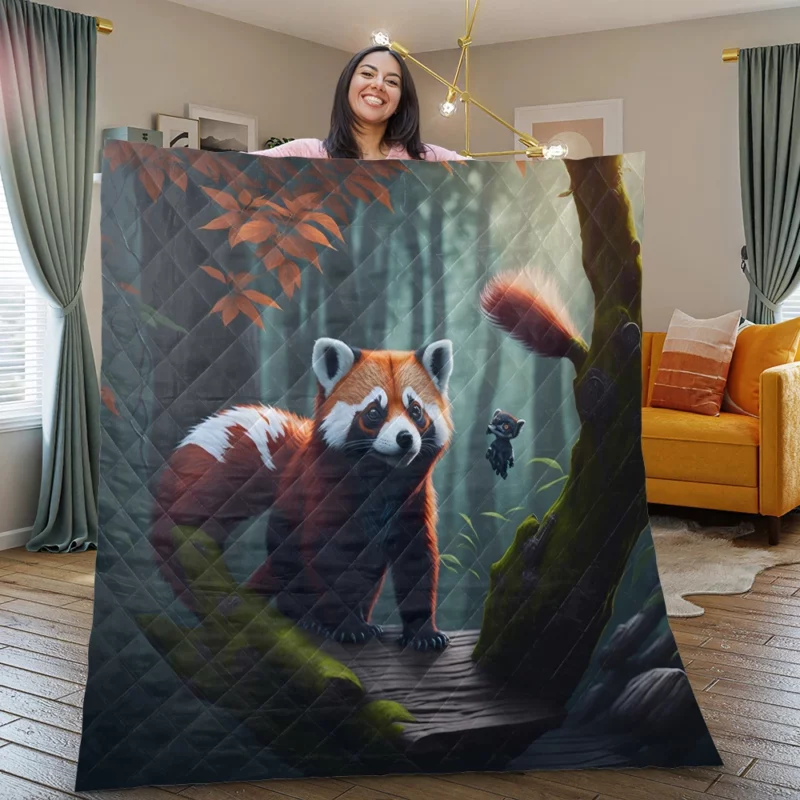 Red Pandas Forest Oasis with Waterfall Quilt Blanket