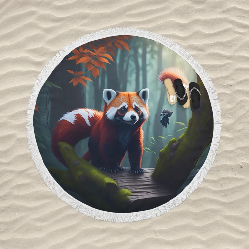 Red Pandas Forest Oasis with Waterfall Round Beach Towel