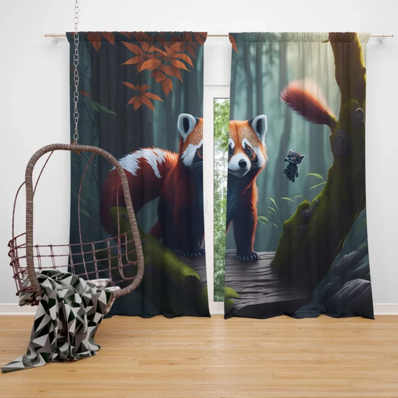 Red Pandas Forest Oasis with Waterfall Window Curtain