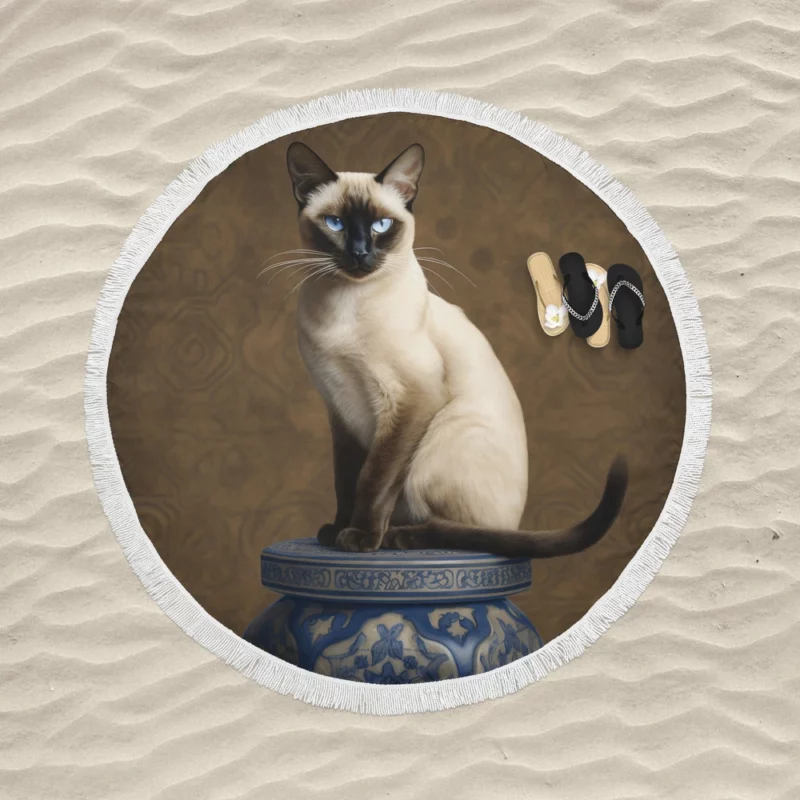 Regal Siamese Cat Portrait Round Beach Towel