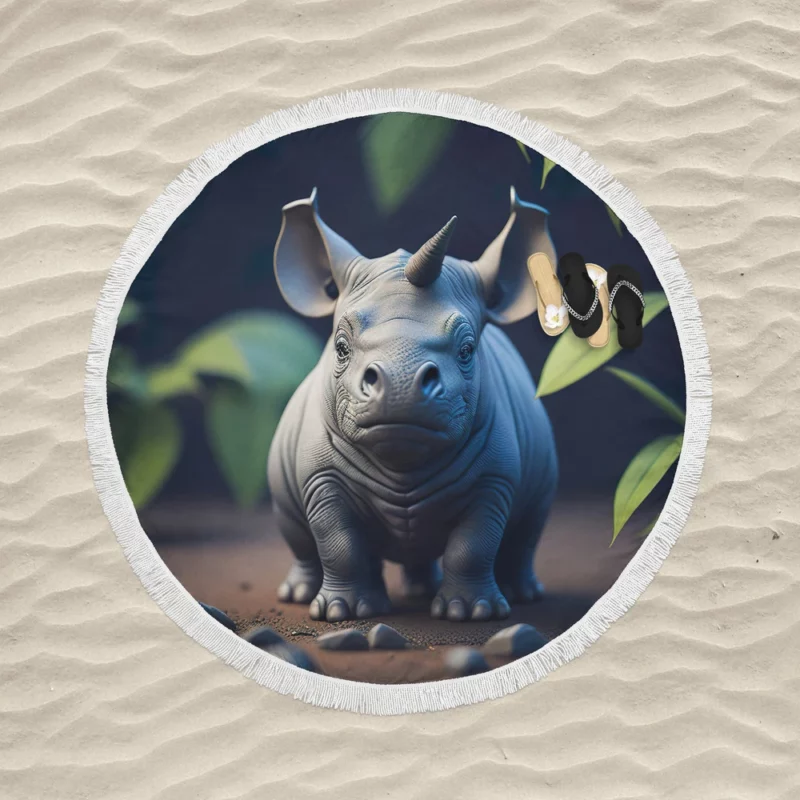 Rhino Statue Artwork Round Beach Towel