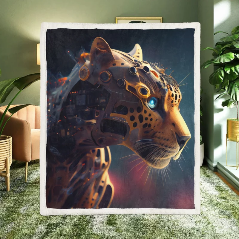 Robot Cat Portrait Sherpa Fleece Blanket