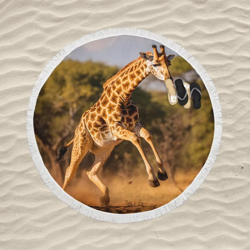 Running Giraffe Round Beach Towel