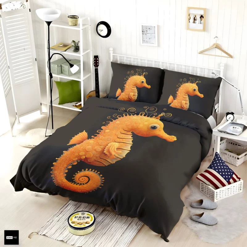 Seahorse Drawing on Black Bedding Set