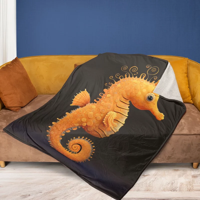 Seahorse Drawing on Black Fleece Blanket 1