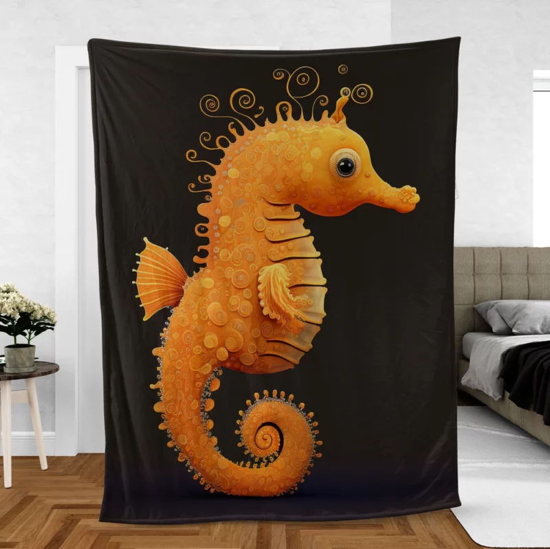 Seahorse Drawing on Black Fleece Blanket