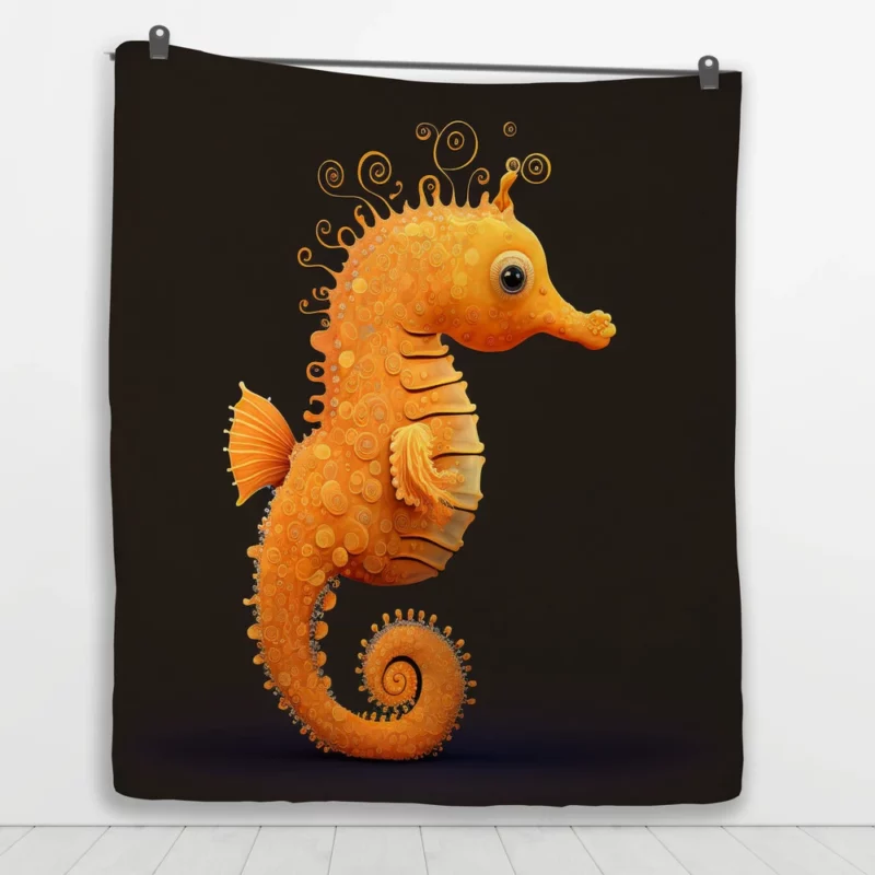Seahorse Drawing on Black Quilt Blanket 1