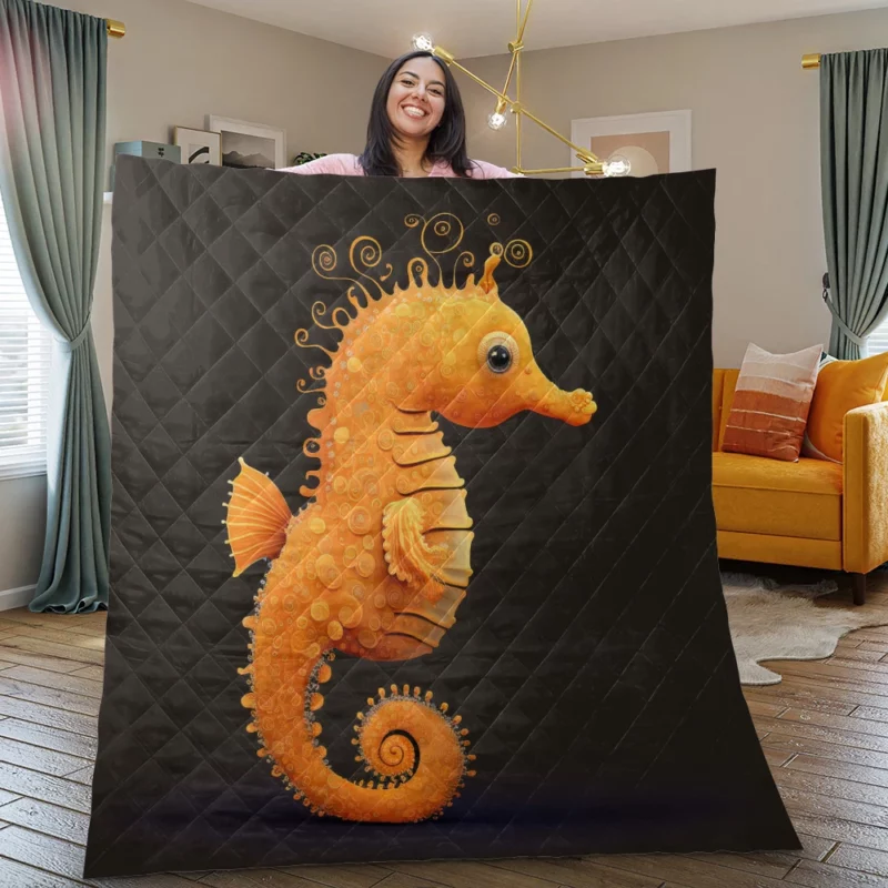 Seahorse Drawing on Black Quilt Blanket