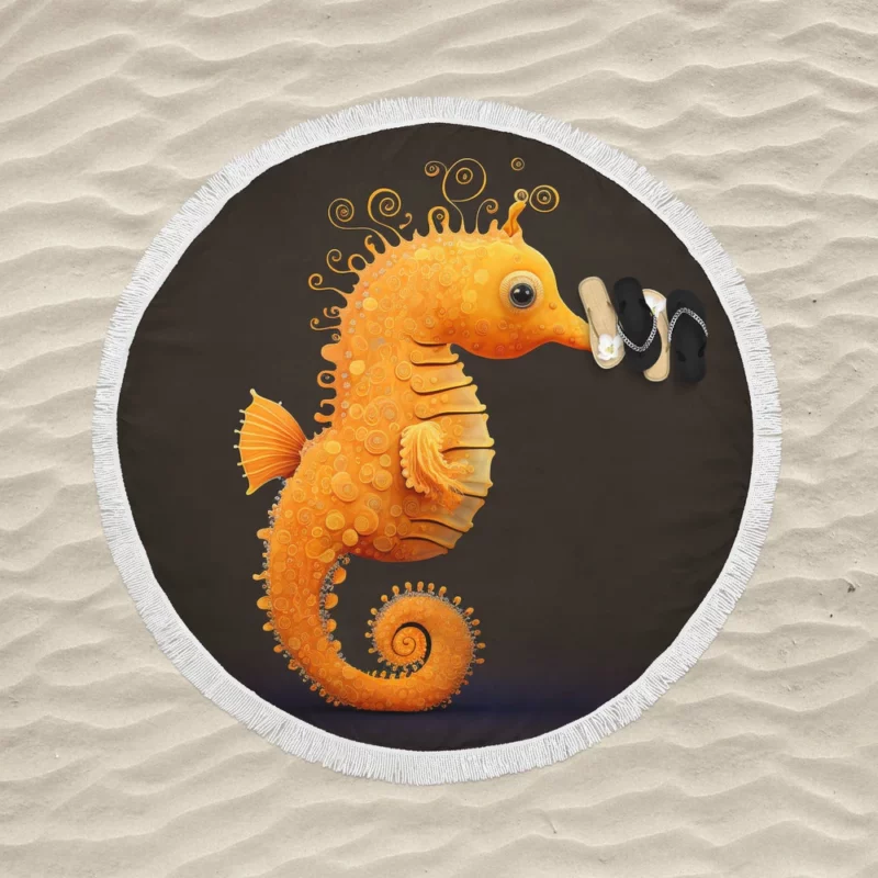 Seahorse Drawing on Black Round Beach Towel