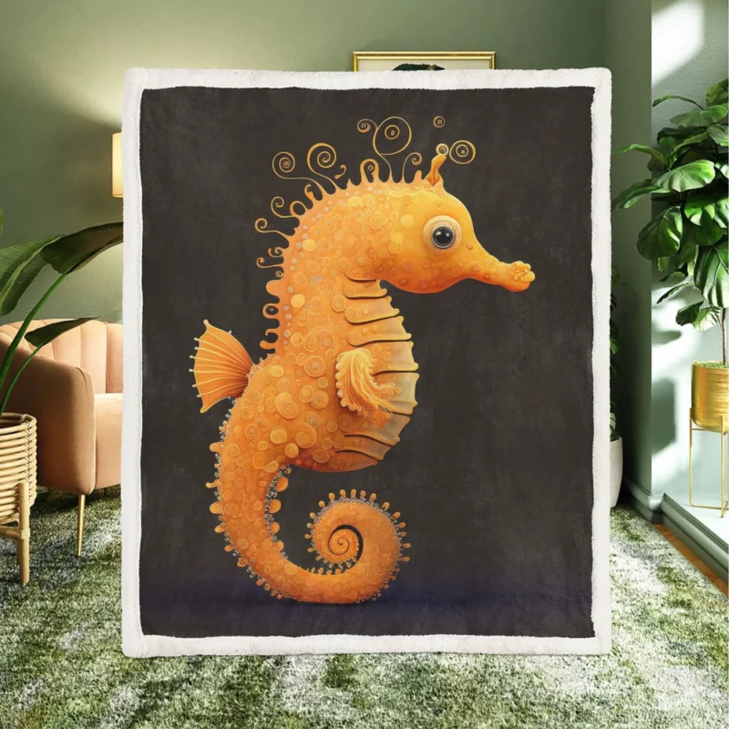 Seahorse Drawing on Black Sherpa Fleece Blanket