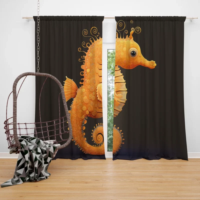 Seahorse Drawing on Black Window Curtain