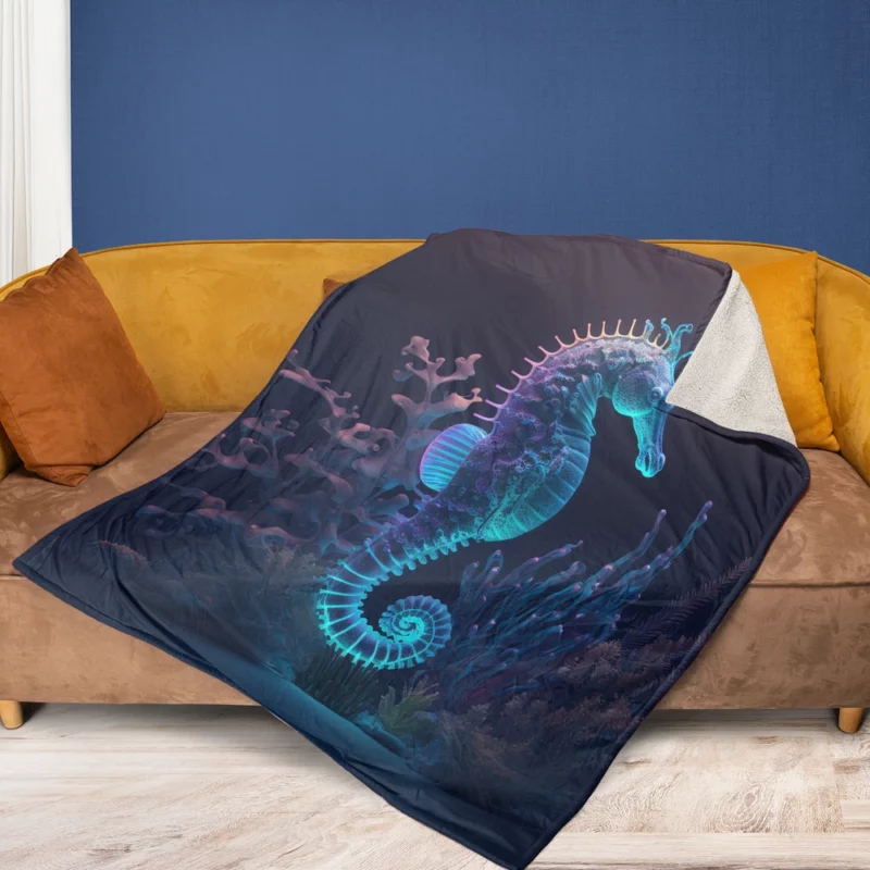 Seahorse Sitting on Coral Reef Fleece Blanket 1