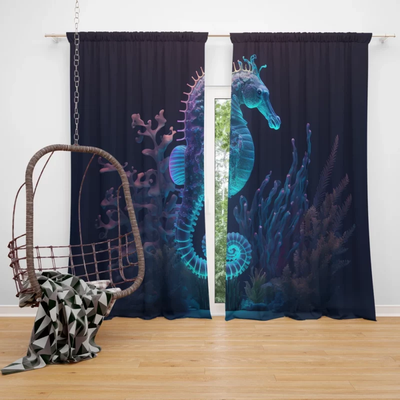 Seahorse Sitting on Coral Reef Window Curtain