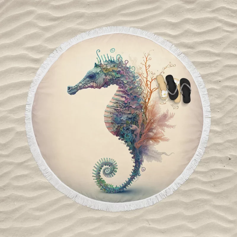 Seahorse Watercolor Illustration Round Beach Towel