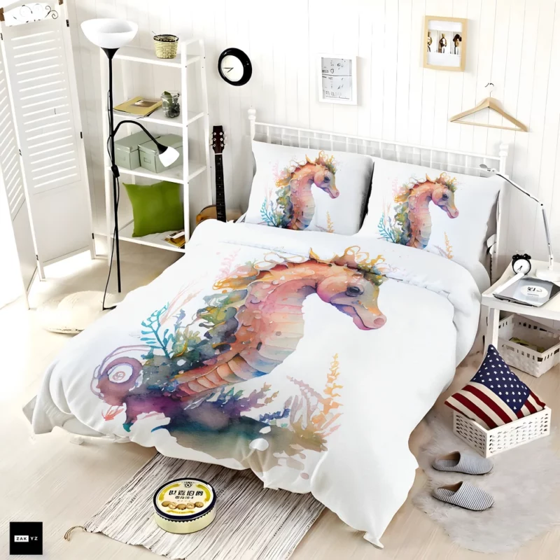 Seahorse Watercolor With Shell Bedding Set