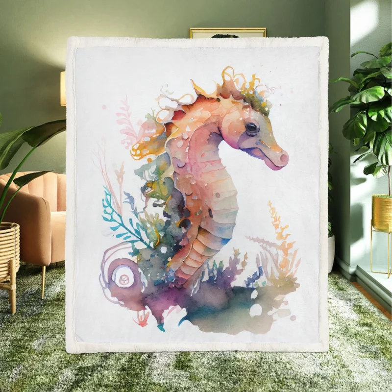 Seahorse Watercolor With Shell Sherpa Fleece Blanket