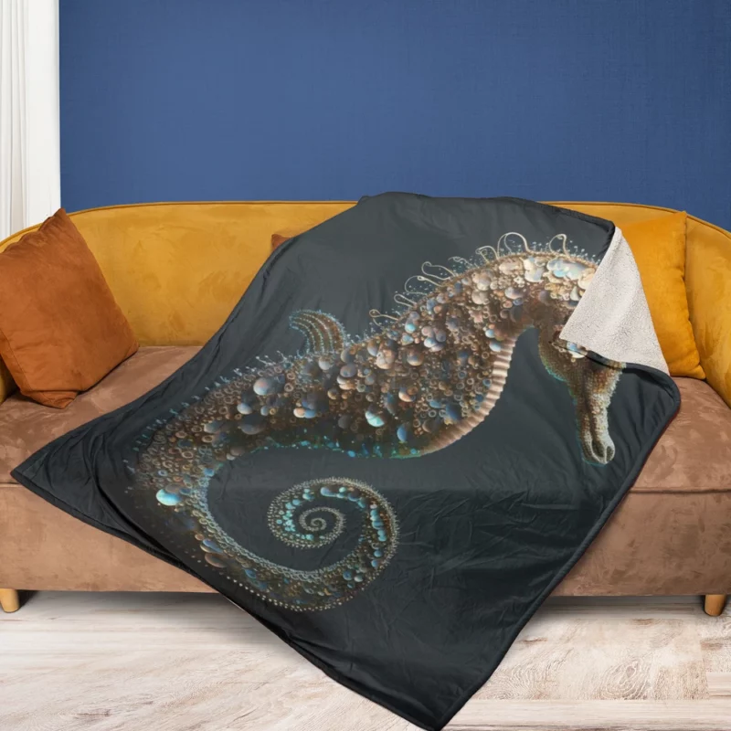 Seahorse With Blue Shell Fleece Blanket 1