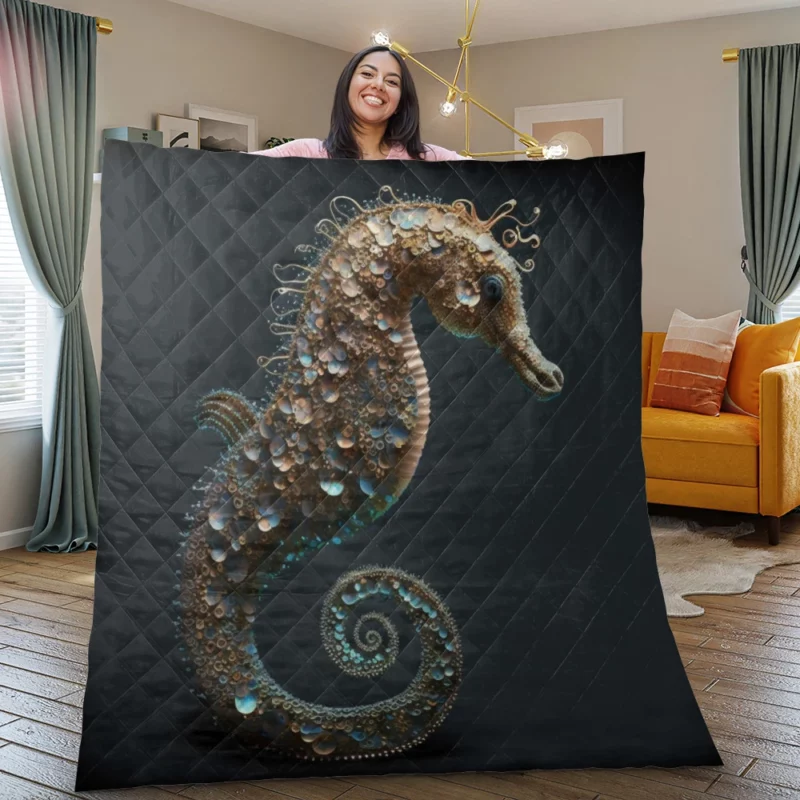 Seahorse With Blue Shell Quilt Blanket