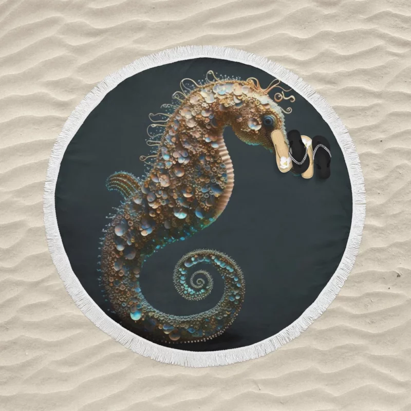 Seahorse With Blue Shell Round Beach Towel