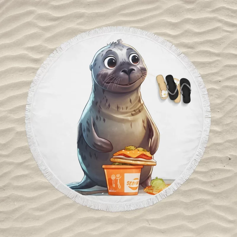 Seal Standing Near Food Round Beach Towel