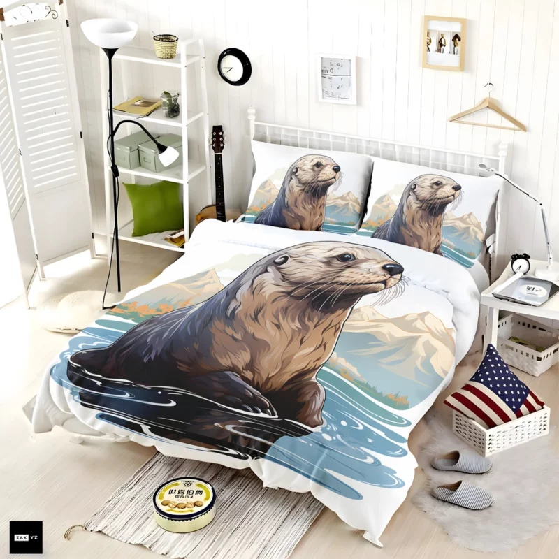 Seal in Deep Waters with Mountain Backdrop Bedding Set