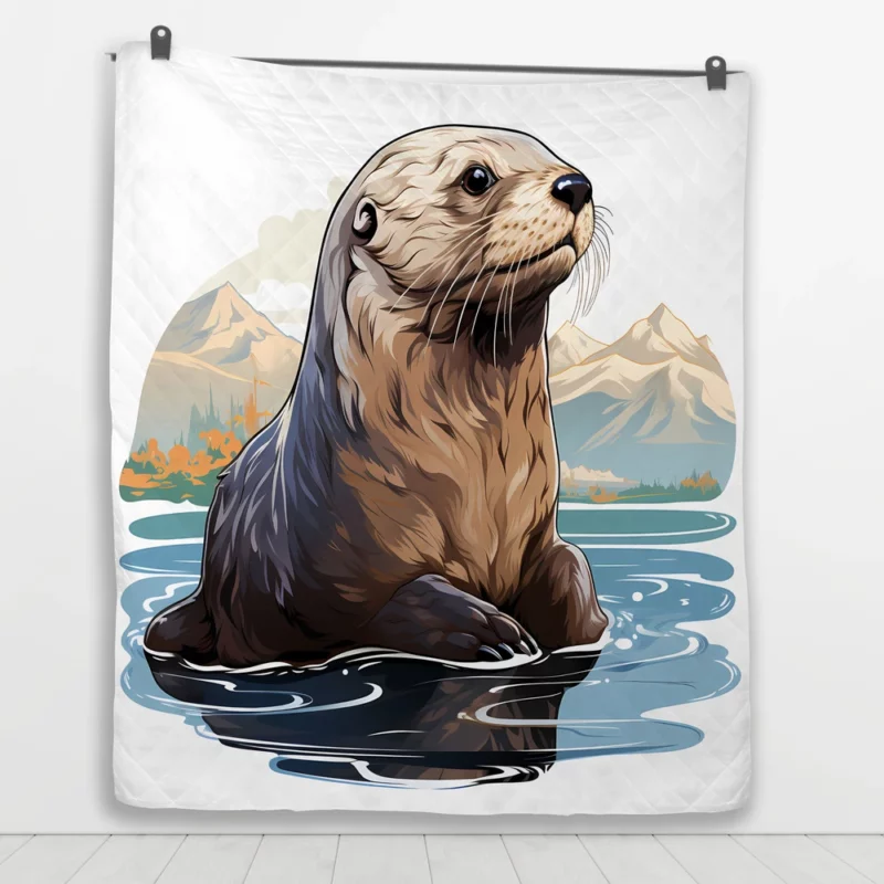 Seal in Deep Waters with Mountain Backdrop Quilt Blanket 1