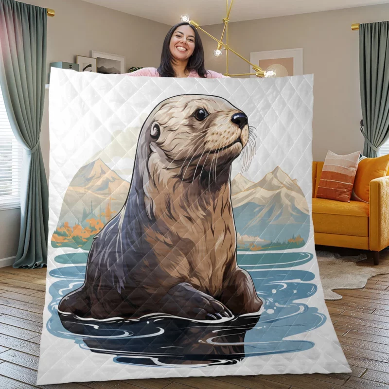 Seal in Deep Waters with Mountain Backdrop Quilt Blanket