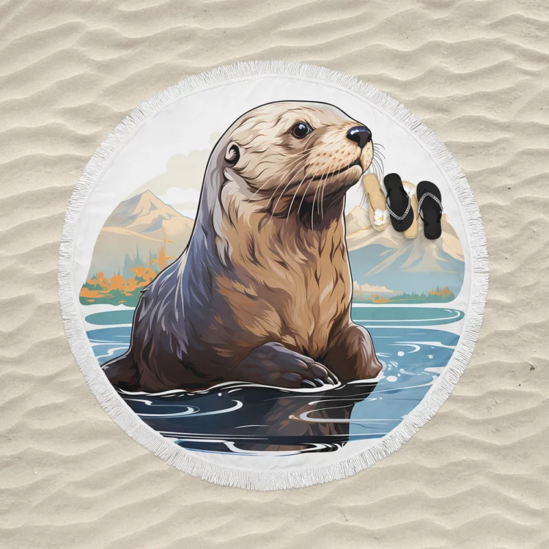 Seal in Deep Waters with Mountain Backdrop Round Beach Towel
