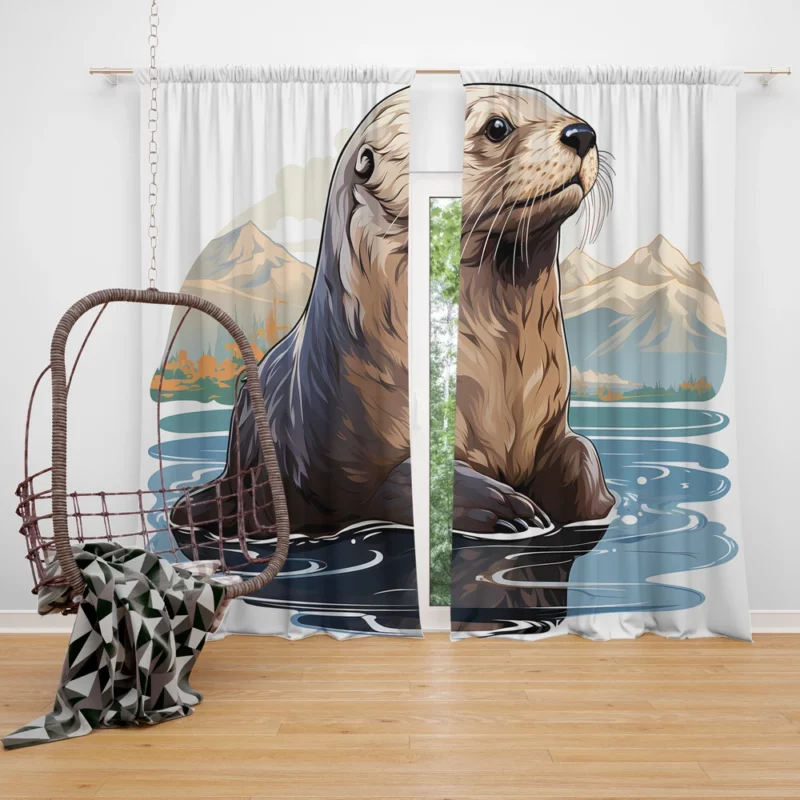 Seal in Deep Waters with Mountain Backdrop Window Curtain