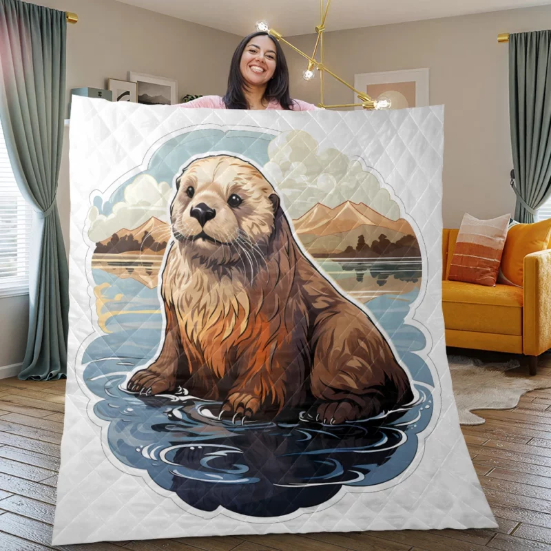 Seal in Picturesque Water and Mountain Scene Quilt Blanket