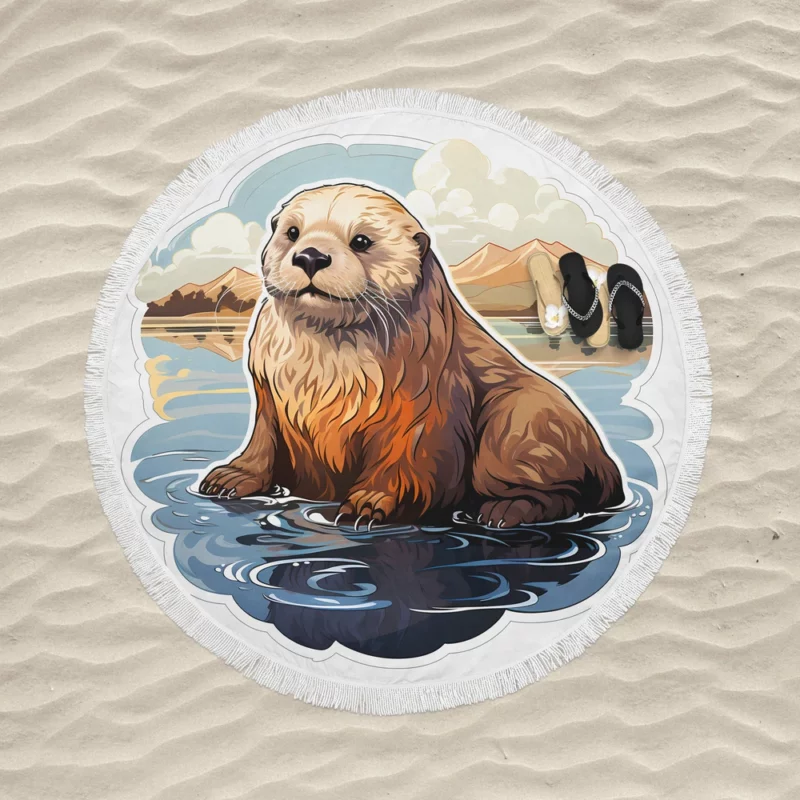 Seal in Picturesque Water and Mountain Scene Round Beach Towel