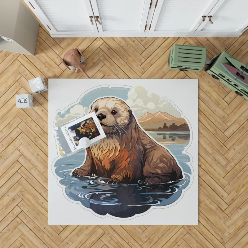 Seal in Picturesque Water and Mountain Scene Rug