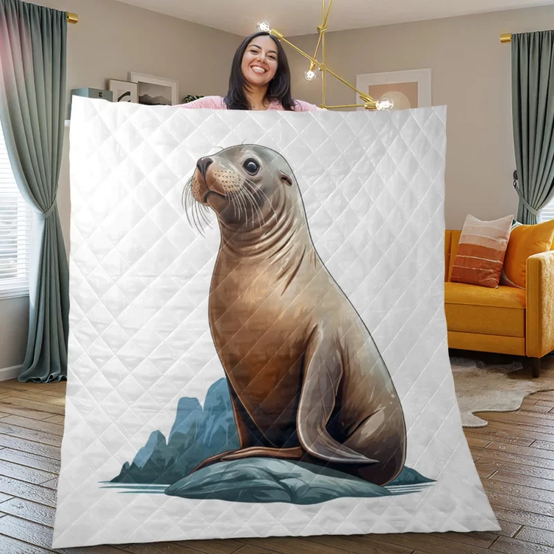 Seal on Rock with Mountain Backdrop Quilt Blanket