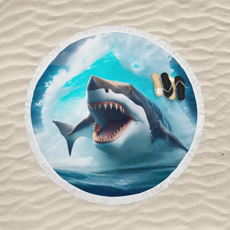 Shark Swimming with Mouth Wide Open Round Beach Towel