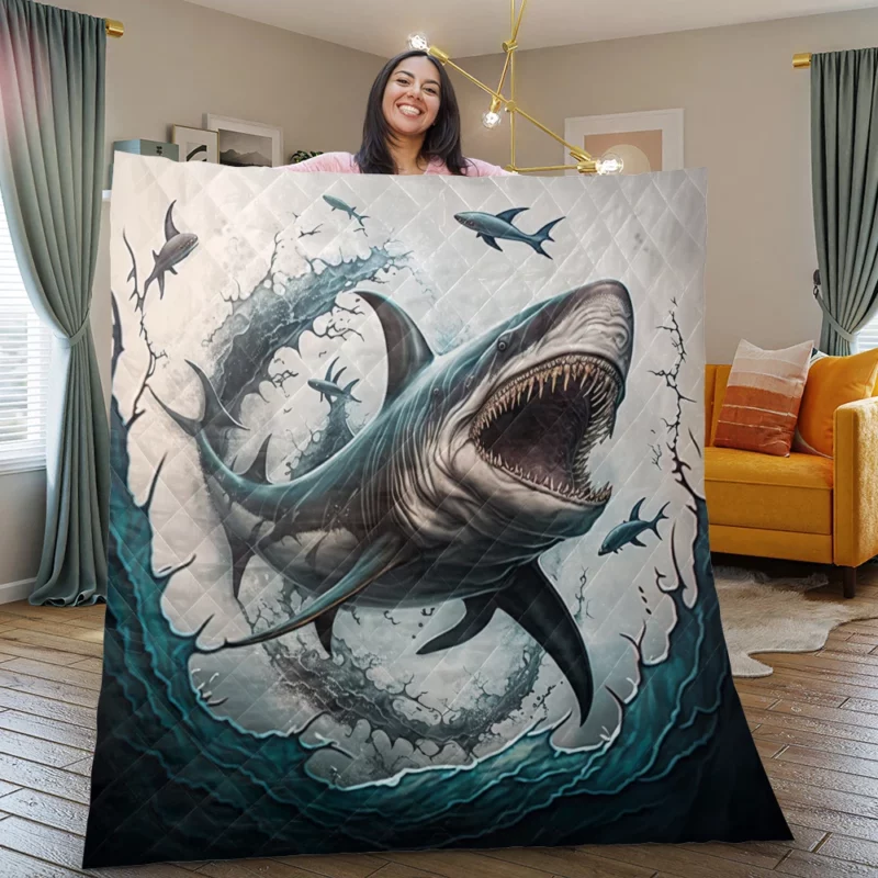 Shark with Open Mouth in Ocean Quilt Blanket