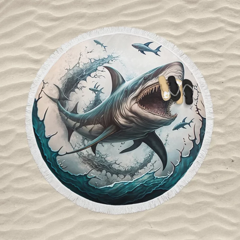 Shark with Open Mouth in Ocean Round Beach Towel