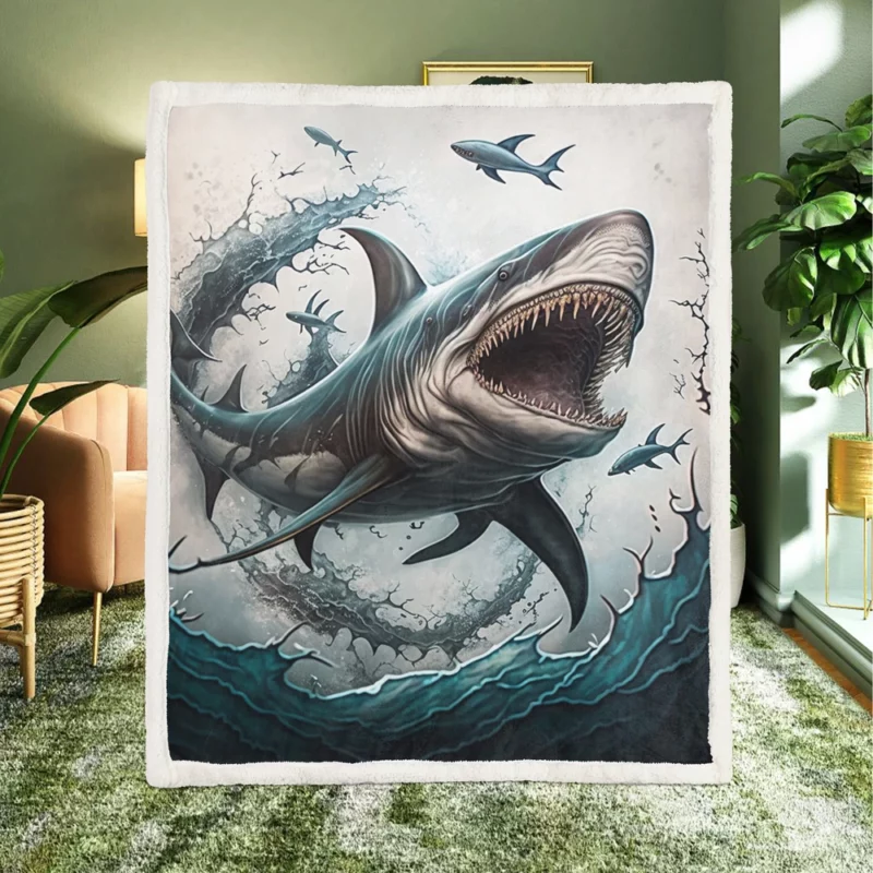 Shark with Open Mouth in Ocean Sherpa Fleece Blanket