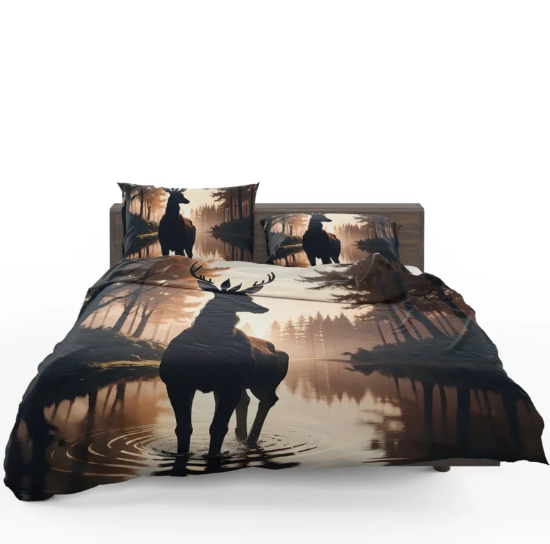 Silhouette by the Stream A Deer at Dusk Bedding Set 1