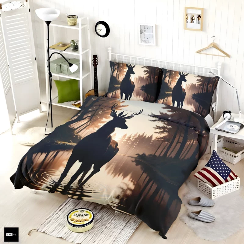 Silhouette by the Stream A Deer at Dusk Bedding Set