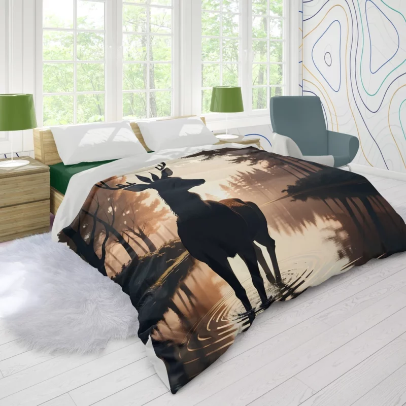 Silhouette by the Stream A Deer at Dusk Duvet Cover