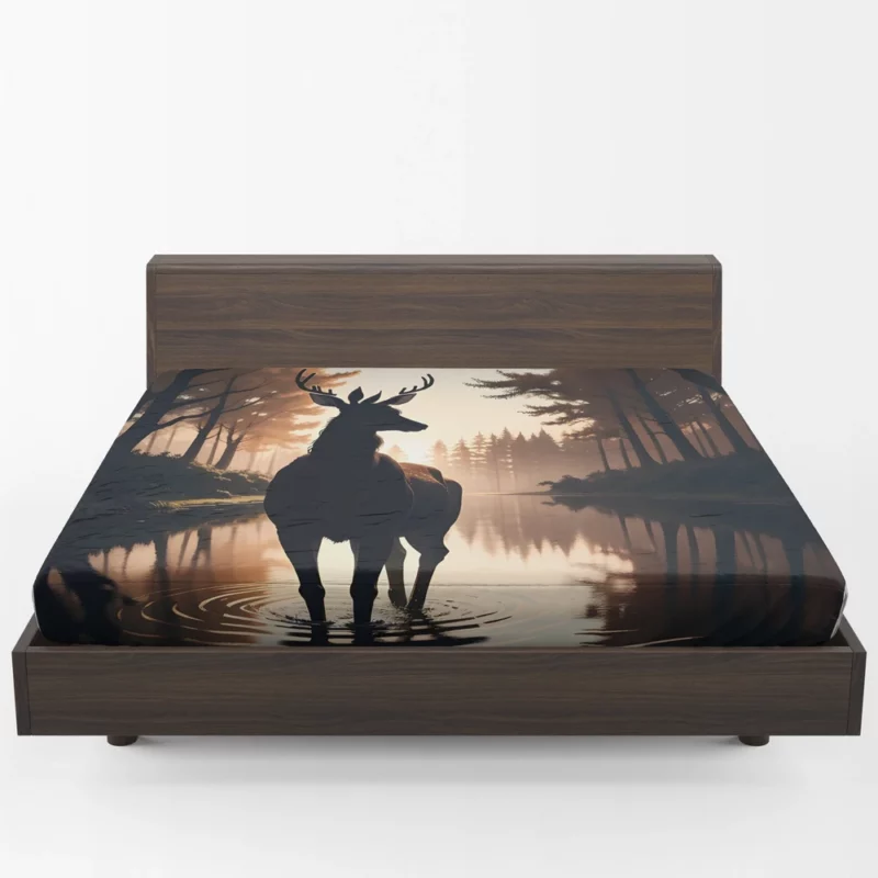 Silhouette by the Stream A Deer at Dusk Fitted Sheet 1