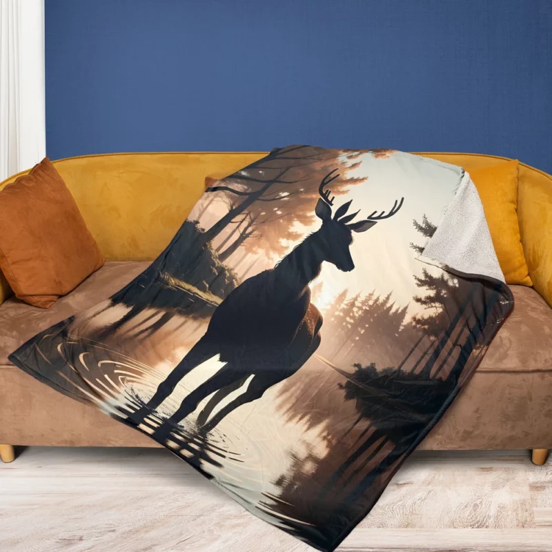 Silhouette by the Stream A Deer at Dusk Fleece Blanket 1