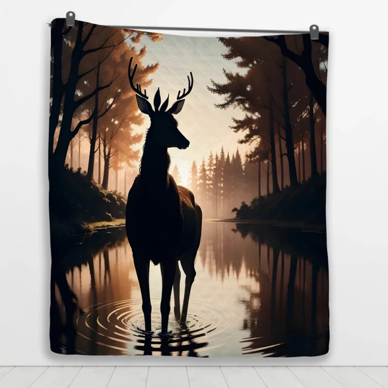 Silhouette by the Stream A Deer at Dusk Quilt Blanket 1