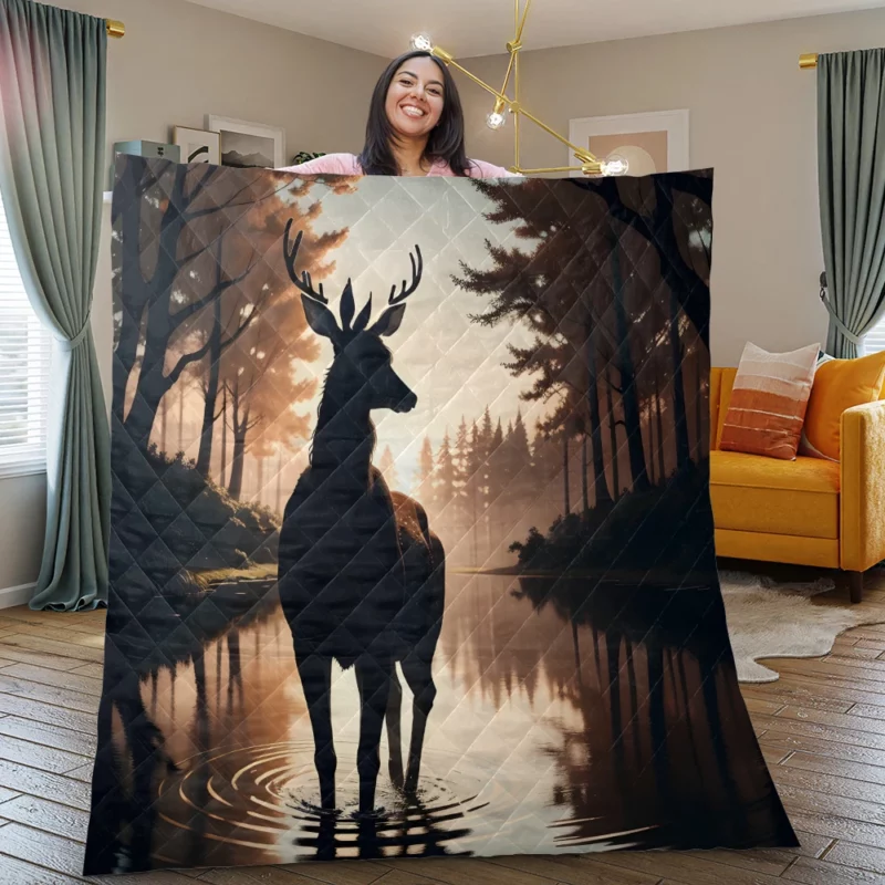 Silhouette by the Stream A Deer at Dusk Quilt Blanket