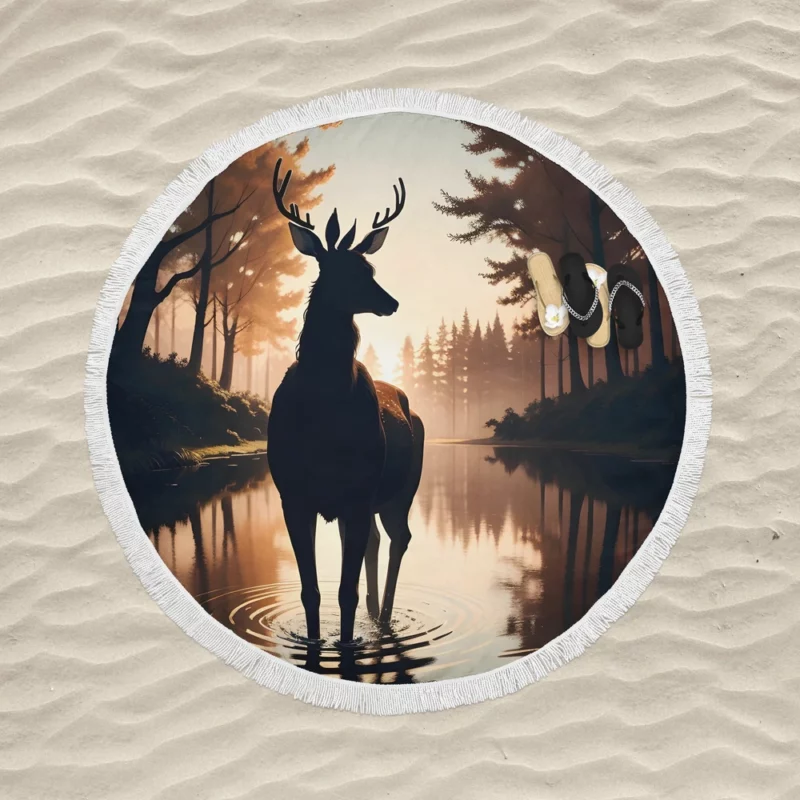 Silhouette by the Stream A Deer at Dusk Round Beach Towel