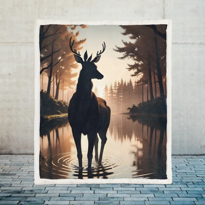 Silhouette by the Stream A Deer at Dusk Sherpa Fleece Blanket